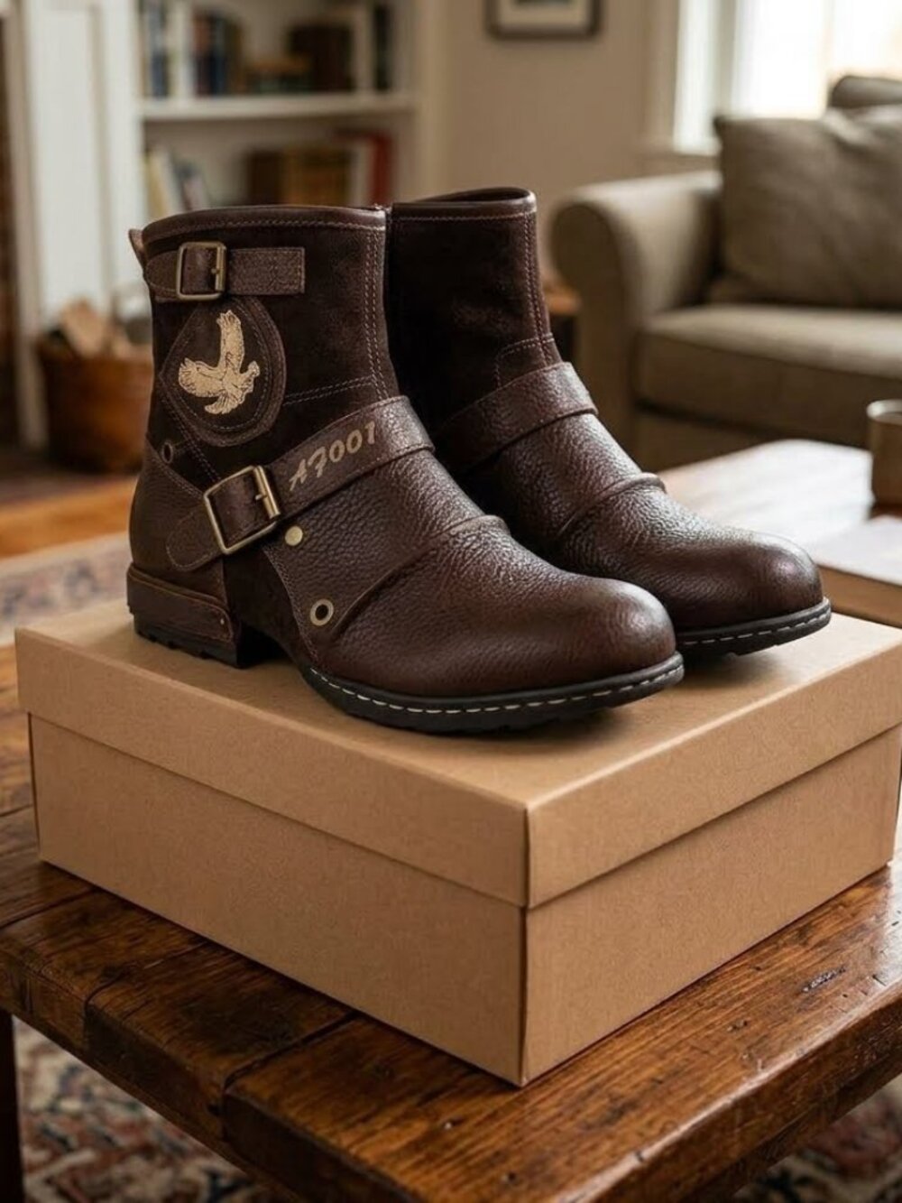 Chocolate Brown Men's Retro Motorcycle Harness Boots